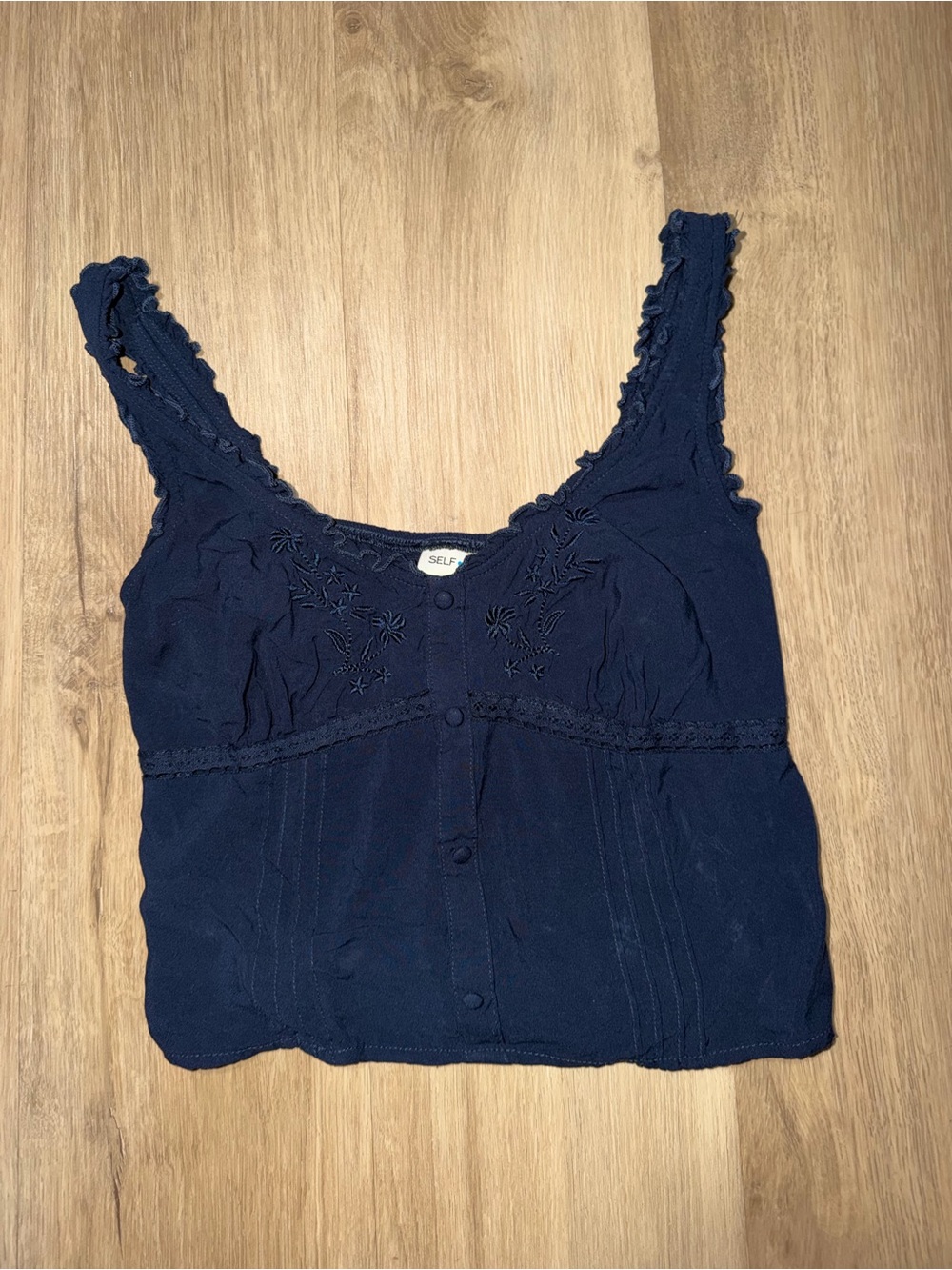 Self navy embroidered ruffle-strap camisole